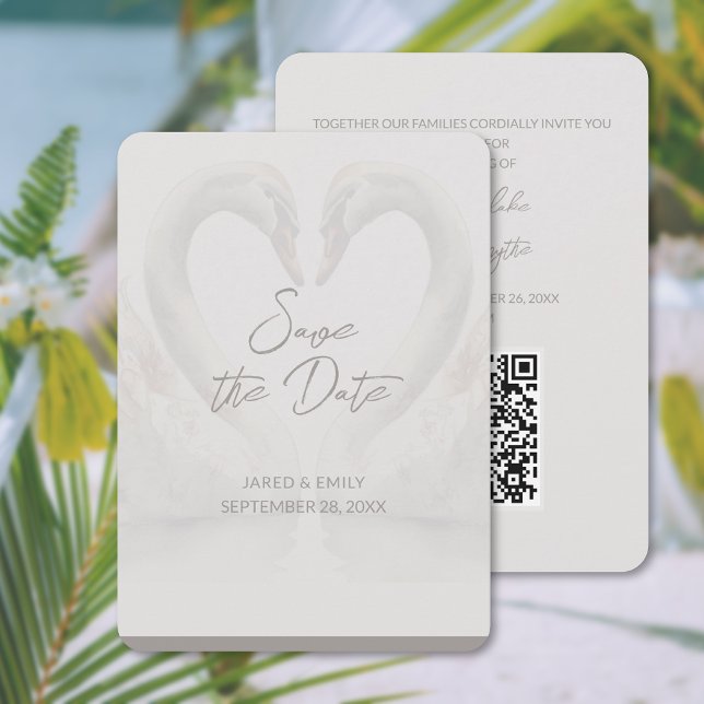 Svan Bröllop 5x7 Spara datum QR-kodkortet Datumet (Swan Wedding 5x7 Save the Date QR Code Card (front and back))