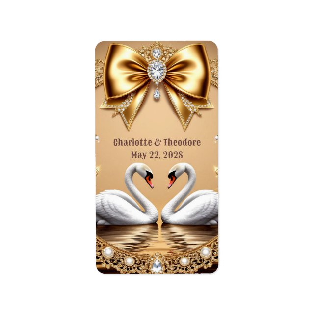 💎 Svan Bröllop Guld Romantisk Tema 🦢 Adressetikett (Framsidan)