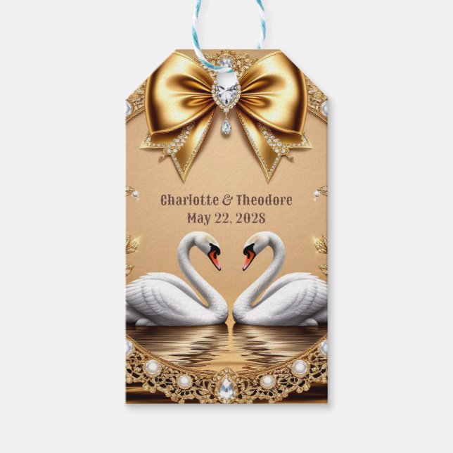 💎 Svan Bröllop Guld Romantisk Tema 🦢 Presentetikett (Framsidan)