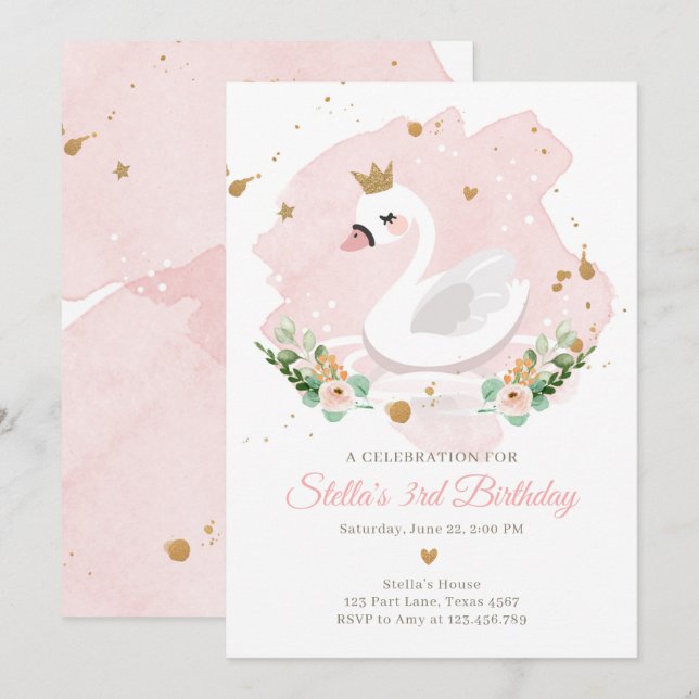 Svan födelsedagsinbjudan Flickprinsessan Rosa Guld Inbjudningar (Fram/baksida)