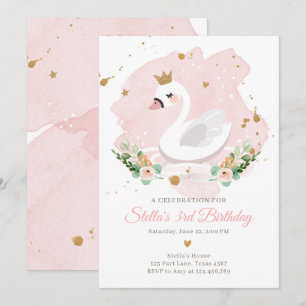 Svan födelsedagsinbjudan Flickprinsessan Rosa Guld Inbjudningar