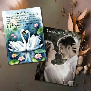 Svan i Kärlek Watercolor Lotus Pond Bröllop Tack Kort