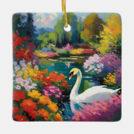 Svan i Sjö, omgiven av blommor Julgransprydnad Keramik