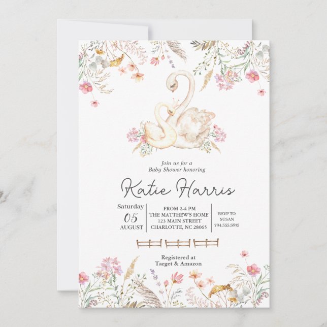 Svan, inbjudan till babydusch. (Framsida)