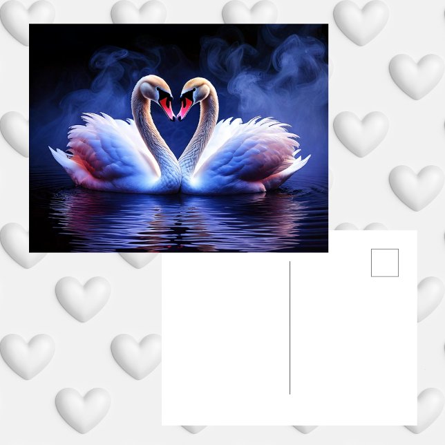 Svan Kärlek Heart Gothic Romantik Vykort (swans, love, gothic, romance, heart, dark, purple, black, fog, water, bird, nature, Valentine's Day)