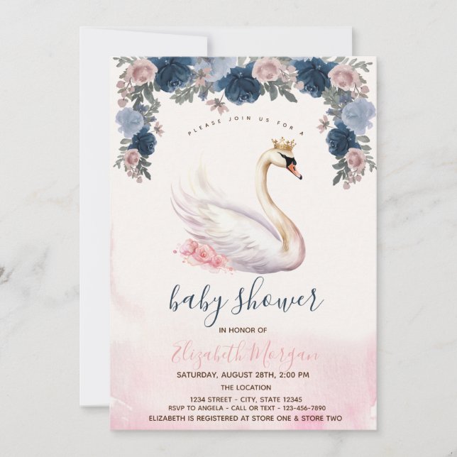  Svan Krona Blommor Rosa Ränder Baby Shower  Inbjudningar (Framsida)
