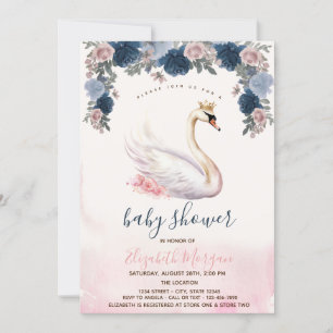 Svan Krona Blommor Rosa Ränder Baby Shower Inbjudningar