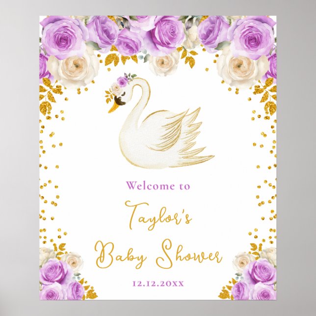 Svan Lila och Guld Ro Baby Shower Välkommen Poster (Framsidan)