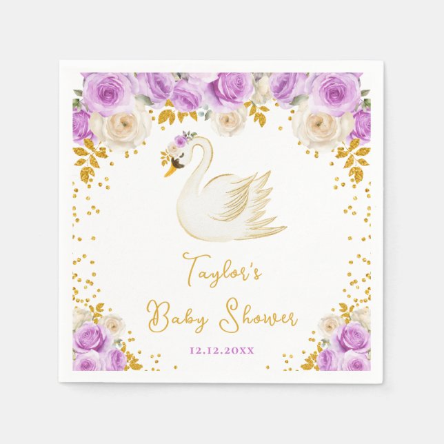 Svan Lila och Guld Rosor Baby Shower Pappersservett (Framsidan)