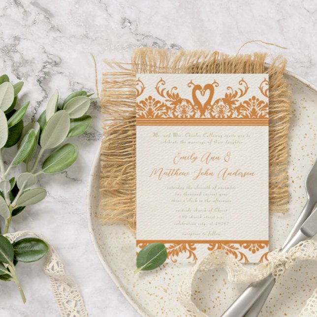 Svan Love Bird Coral & Ivory Damask Wedding Inbjud Inbjudningar (Skapare uppladdad)