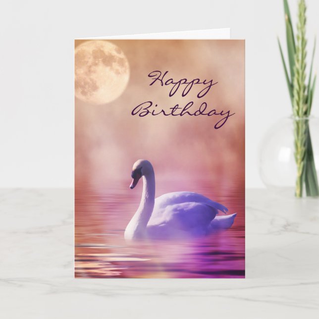 Svan på en dimmig sjö. grattis på födelsedagen kort (Framsida)