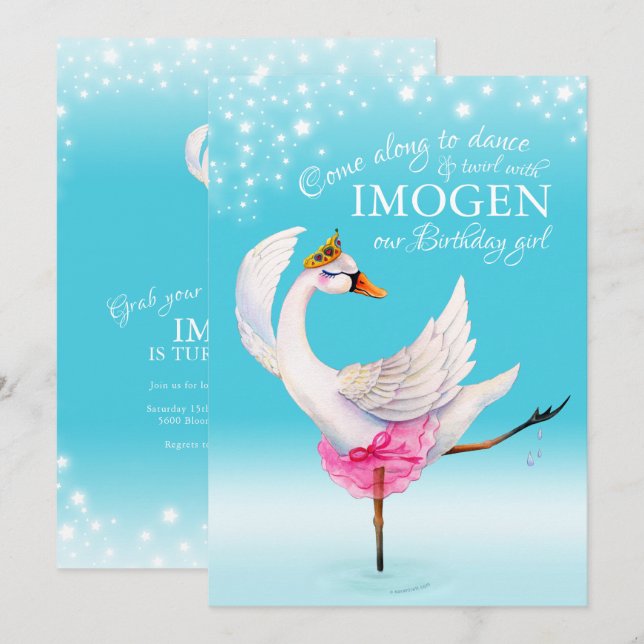 Svan på sjö-balett 3:e födelsedag aqua inbjudan (Fram/baksida)
