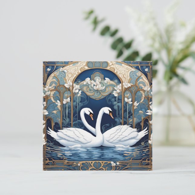 Svan par Art nouveau Bird Art Deco Blue Julkort (Stående Fram)