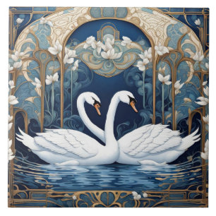 Svan par Art nouveau Bird Art Deco Blue Kakelplatta