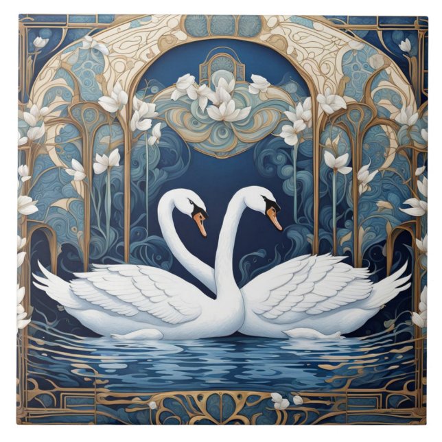 Svan par Art nouveau Bird Art Deco Blue Kakelplatta (Framsidan)