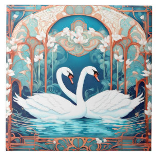 Svan par Art nouveau Bird Turquise Aqua Blue Kakelplatta