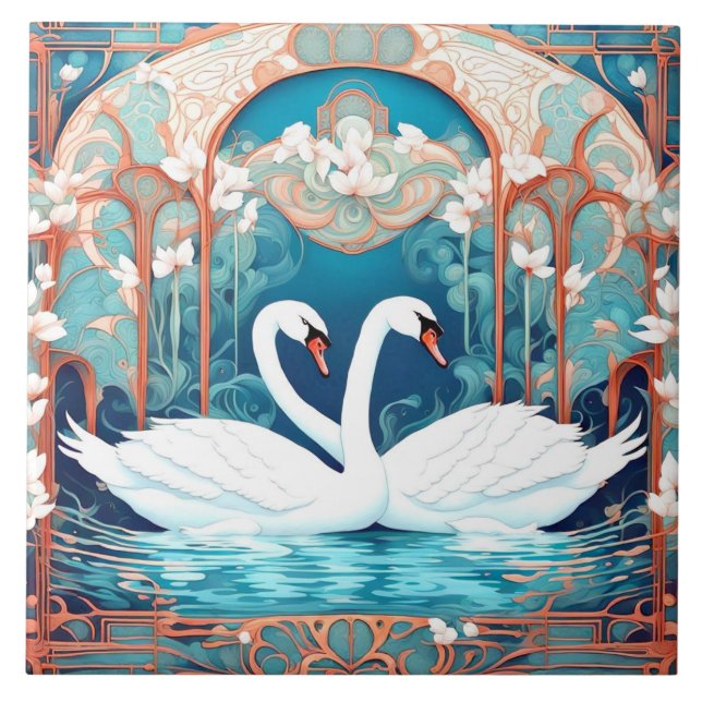Svan par Art nouveau Bird Turquise Aqua Blue Kakelplatta (Framsidan)