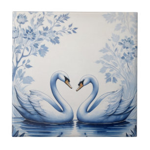 Svan par Delft Blue och White Svan Sjö Bird Kakelplatta