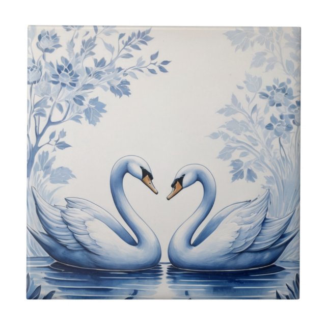 Svan par Delft Blue och White Svan Sjö Bird Kakelplatta (Framsidan)