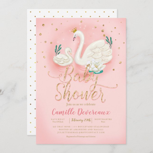 Svan Pond Guld Glitter Rosa Baby Shower Inbjudningar (Fram/baksida)