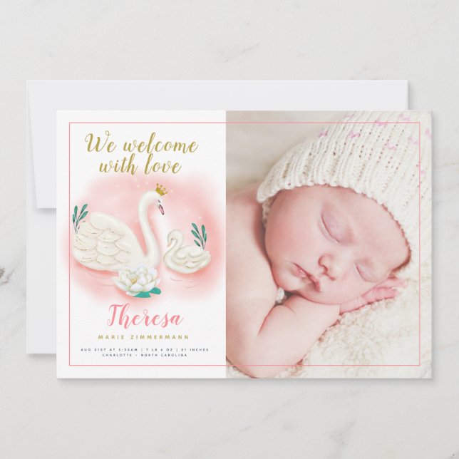 Svan Pond Guld Rosa Flicka Birth Notice Meddelande (Framsida)