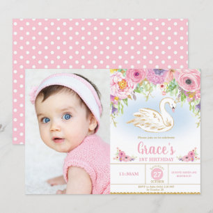 Svan Princess Birthday Blommigt Girl Photo Inbjudningar