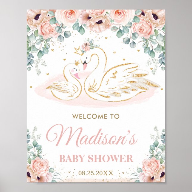 Svan Princess  Blommigt Baby Shower Välkommen Poster (Framsidan)