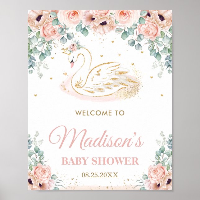 Svan Princess  Blommigt Baby Shower Välkommen Poster (Framsidan)