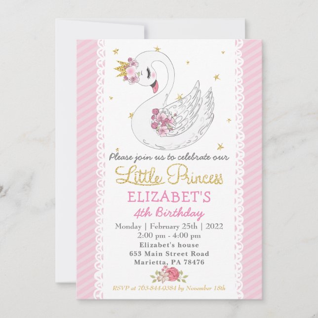 Svan Princess Födelsedagsfest inbjudan (Framsida)