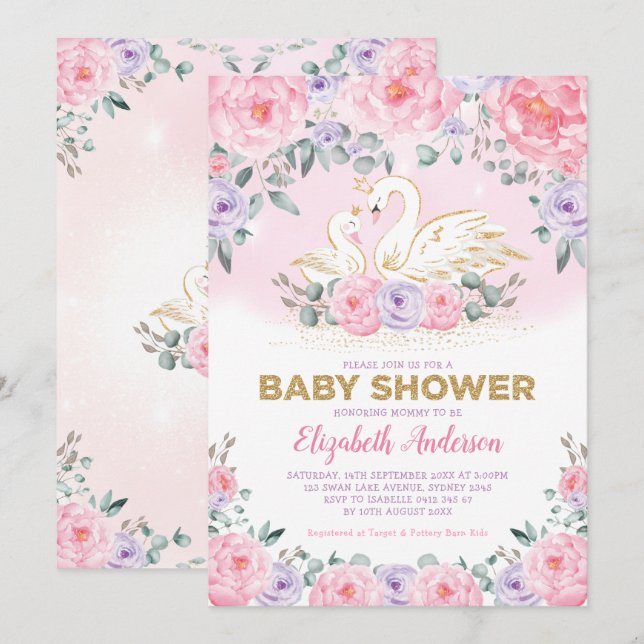 Svan Princess Lavender Rosa Peonies Baby Shower Inbjudningar (Fram/baksida)