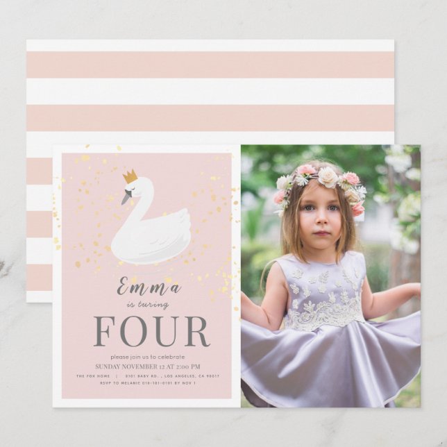 Svan Princess Rosa Girl Girl Photo Birthday Inbjudningar (Fram/baksida)