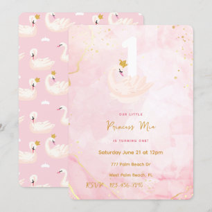 Svan Princess Rosa & Guld Watercolor 1:a födelseda Inbjudningar