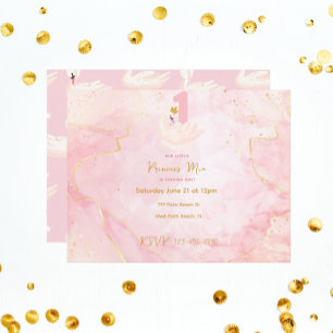 Svan Princess Rosa & Guld Watercolor 1:a födelseda Inbjudningar