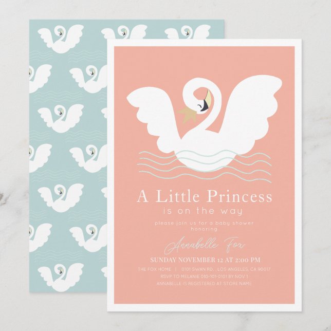 Svan Princess Rosa Modern Girl Baby Shower Inbjudningar (Fram/baksida)