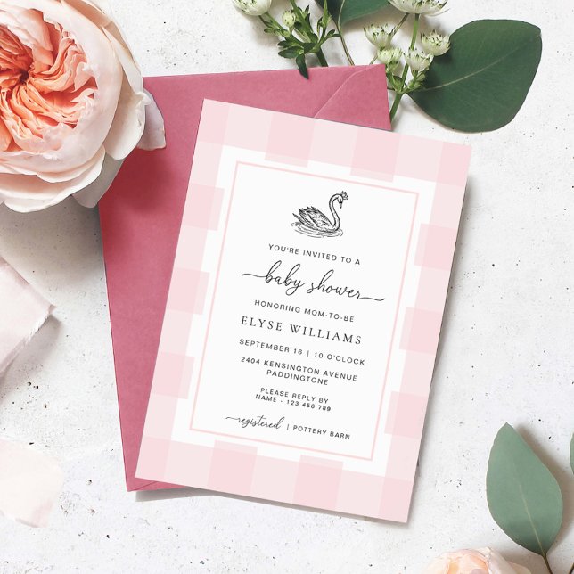 Svan Rosa Gingham Baby Shower Inbjudningar (Swan Baby Shower Invitation Pink Gingham)