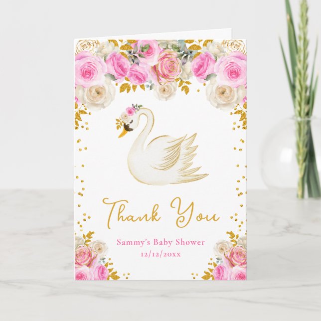 Svan Rosa och Guld Rosor Baby Shower Tack Kort (Framsida)