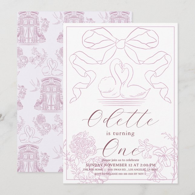 Svan Rosa Toile de Jouy Girl 1st Birthday Inbjudningar (Fram/baksida)