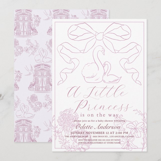 Svan Rosa Toile de Jouy Girl Baby Shower Inbjudningar (Fram/baksida)