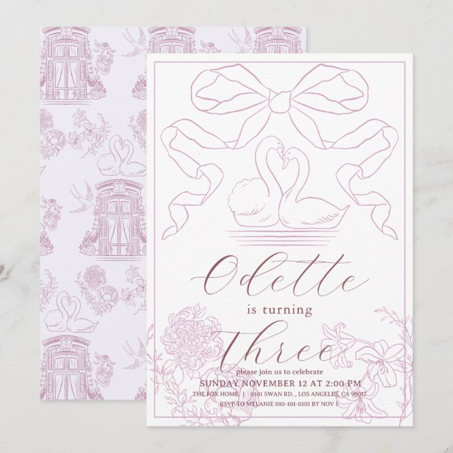 Svan Rosa Toile de Jouy Girl Birthday Inbjudningar (Fram/baksida)