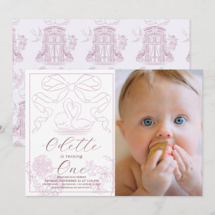 Svan Rosa Toile de Jouy Girl Photo 1st Birthday Inbjudningar