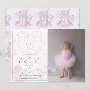 Svan Rosa Toile de Jouy Girl Photo Birthday Inbjudningar