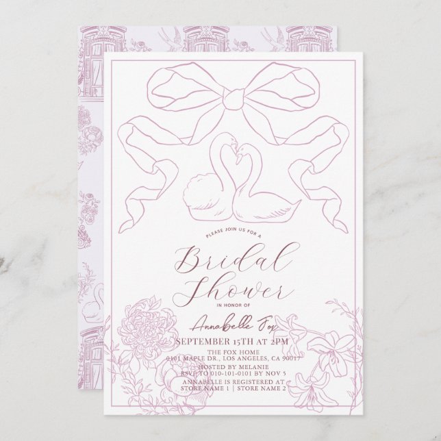 Svan Rosa Toile de Jouy Möhippa Inbjudningar (Fram/baksida)