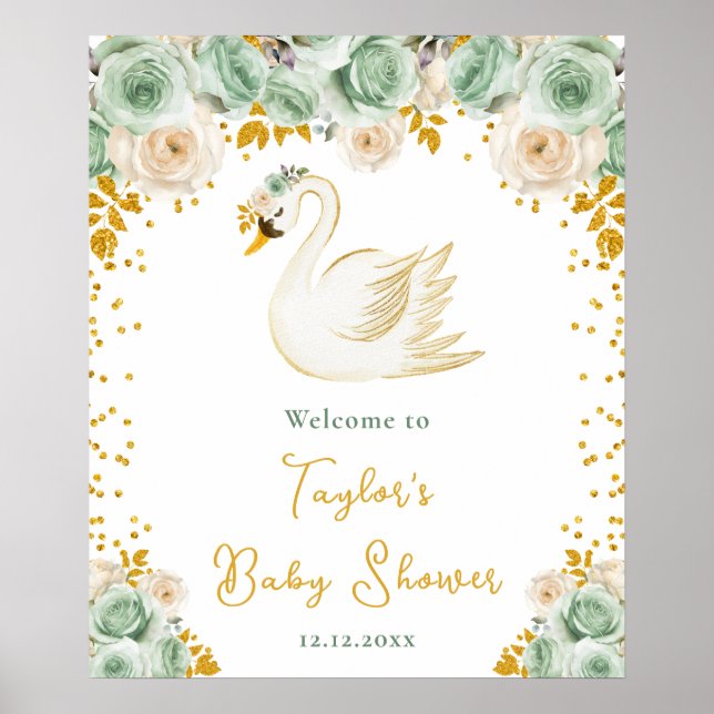 Svan Sage Gröna Guld Rosor Baby Shower Välkommen Poster (Framsidan)