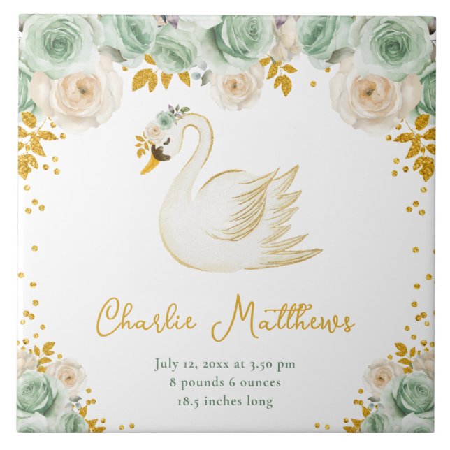 Svan Sage Grönt och Guld Ro Birgestatistik Kakelplatta (Framsidan)