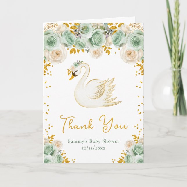 Svan Sälggröna Guld Rosor Baby Shower Tackkort (Framsida)