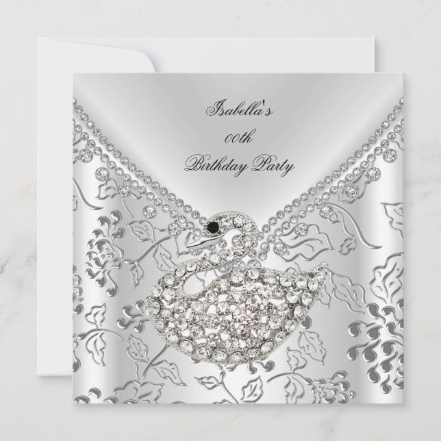 Svan Silver Damask White Elegant Birthday Inbjudningar (Framsida)