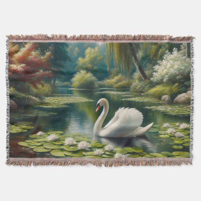 Svan simmar på Pond Impressionist Painting Filt (Framsidan)