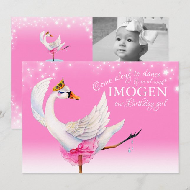 Svan sjö-ballett: första födelsedagskalendern rosa inbjudningar (Fram/baksida)