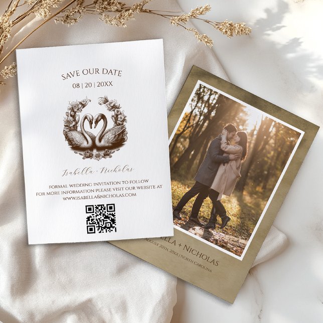 Svan Spara datumfotokortets Elegant Brown Inbjudningar (Save our date - brown)