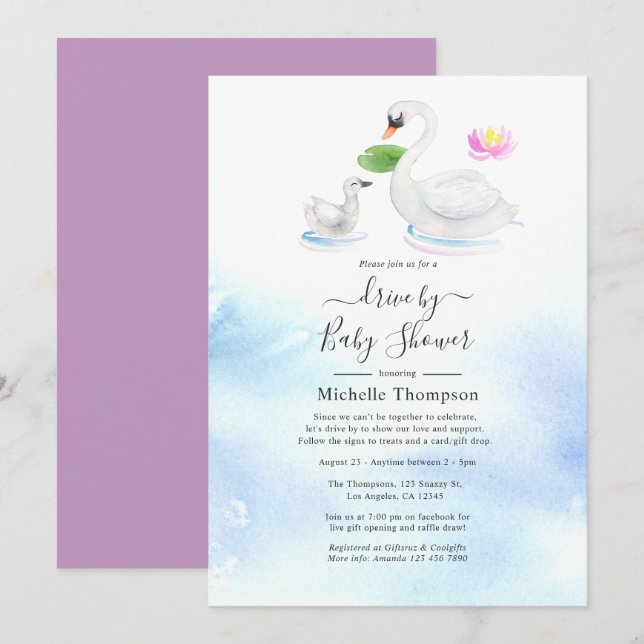 Svan vattenfärgsenhet efter Möhippa eller babydusc Inbjudningar (Fram/baksida)